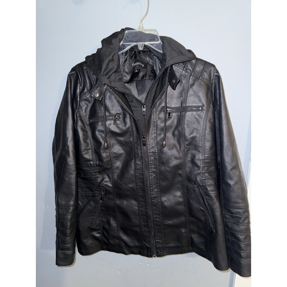 Vintage‎ Tanming  Black Bomber Biker Hooded Jacket Winter Coat XL EUC